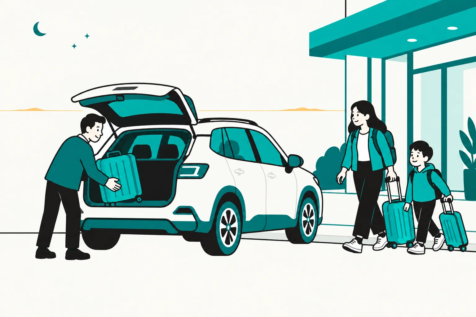 清晨，司機在大樓門口把行李搬上白色休旅車的後車廂，一家人拉著行李箱走出來。